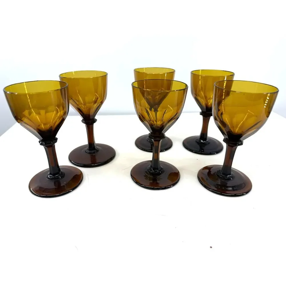 Vintage Amber Brown Goblets Set Of 6 Wine Water Glasses Mid Century Barware 5.5